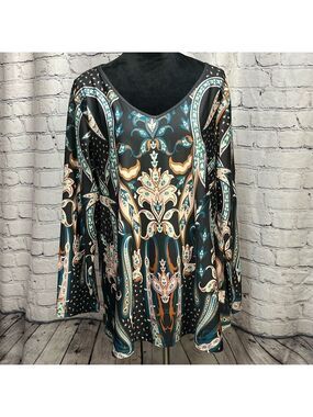 Sakurafina Wonen’s Black and Multicolored Long Sleeve V Neck Blouse sz 1XL NWT